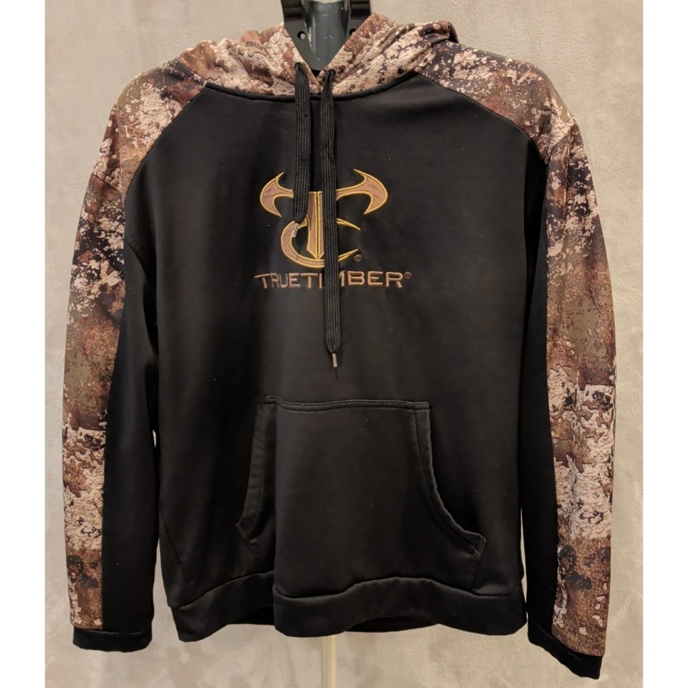 TrueTimber Camo Hoodie Mens L Black Fleece Hunting Pullover Logo
